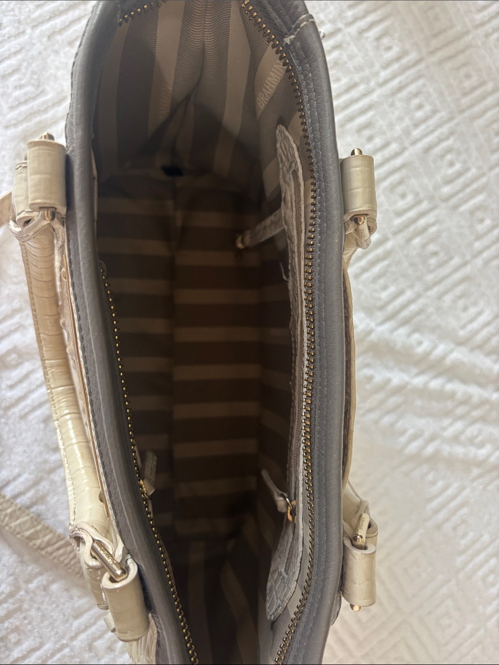 Brahmin Cream Croc-Embossed Satchel with Gray Trim - Picture 4 of 9
